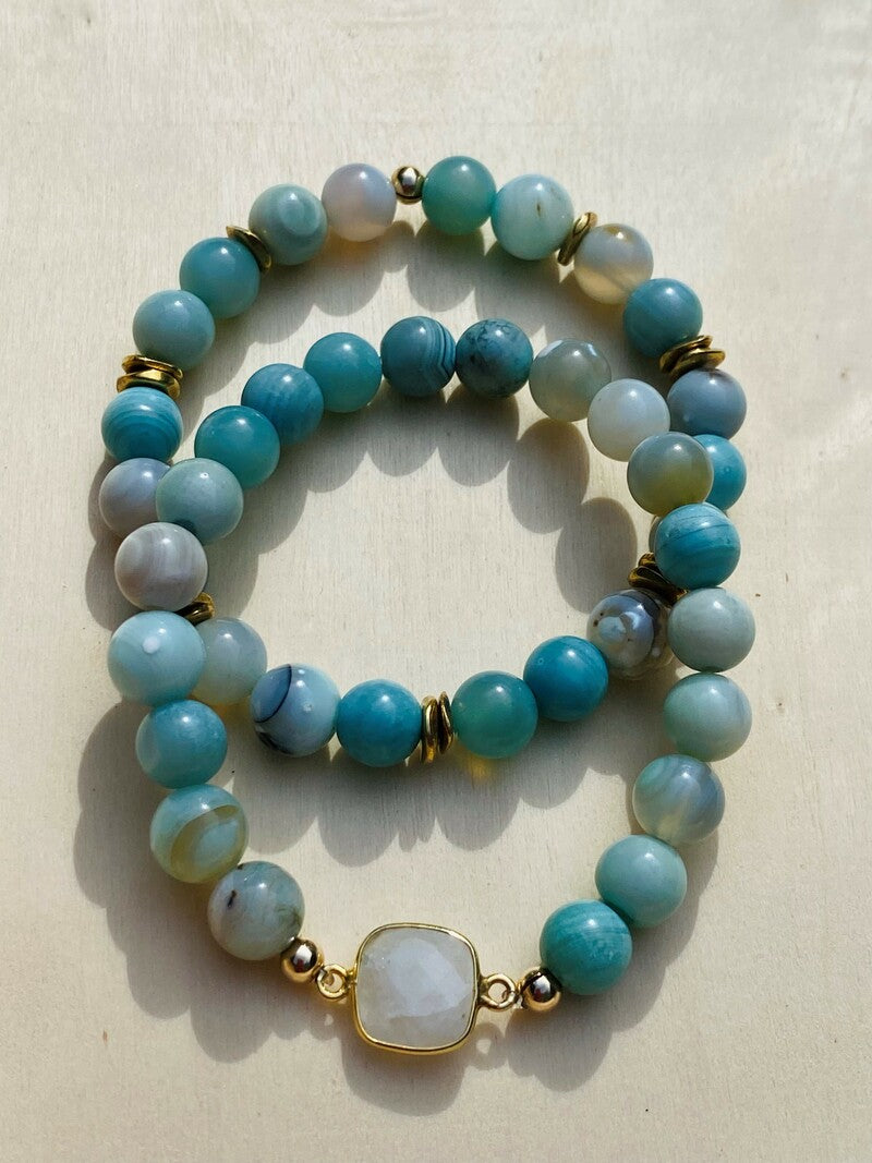 Green Fire Agate and Moonstone elastic Bracelet Duo