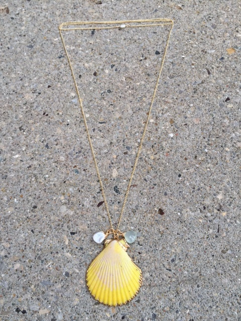 Yellow Scallop Shell Necklace with Aquamarine & Pearl