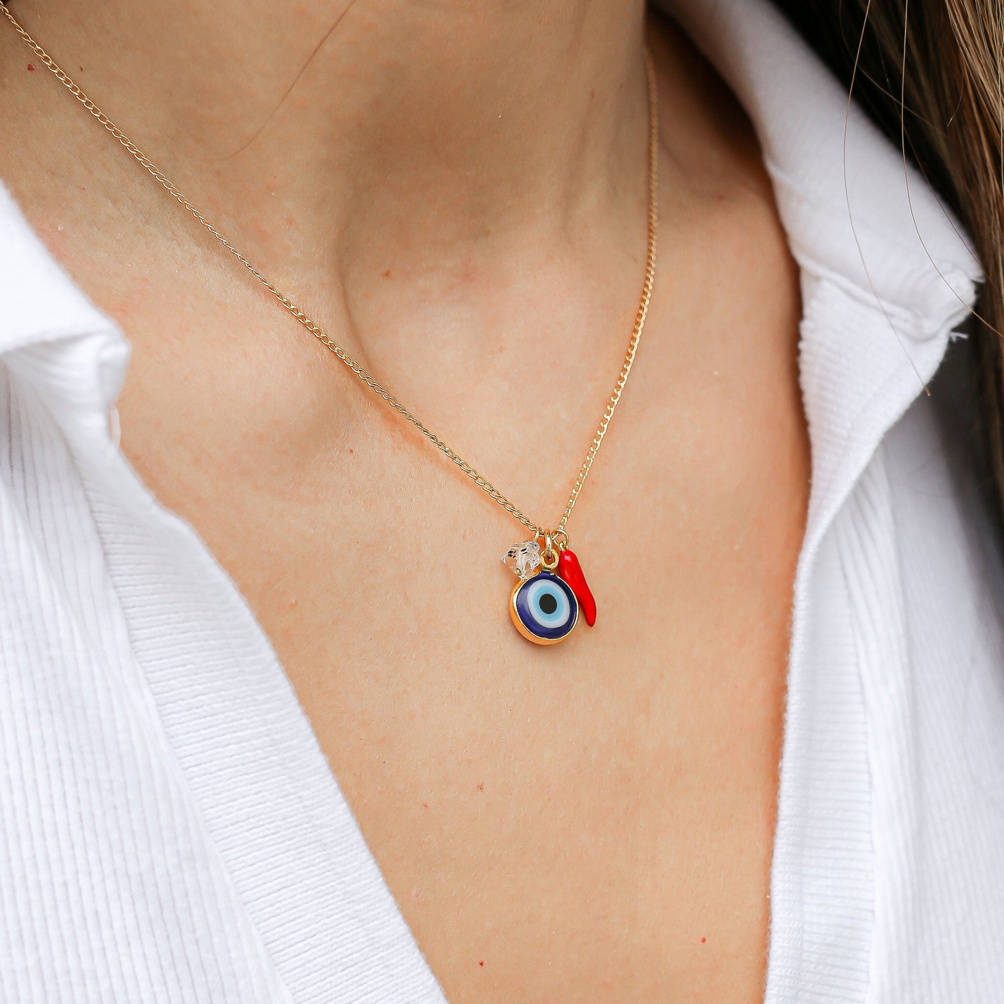 Lucky Evil Eye Necklace with Cornicello Protective Herkimer