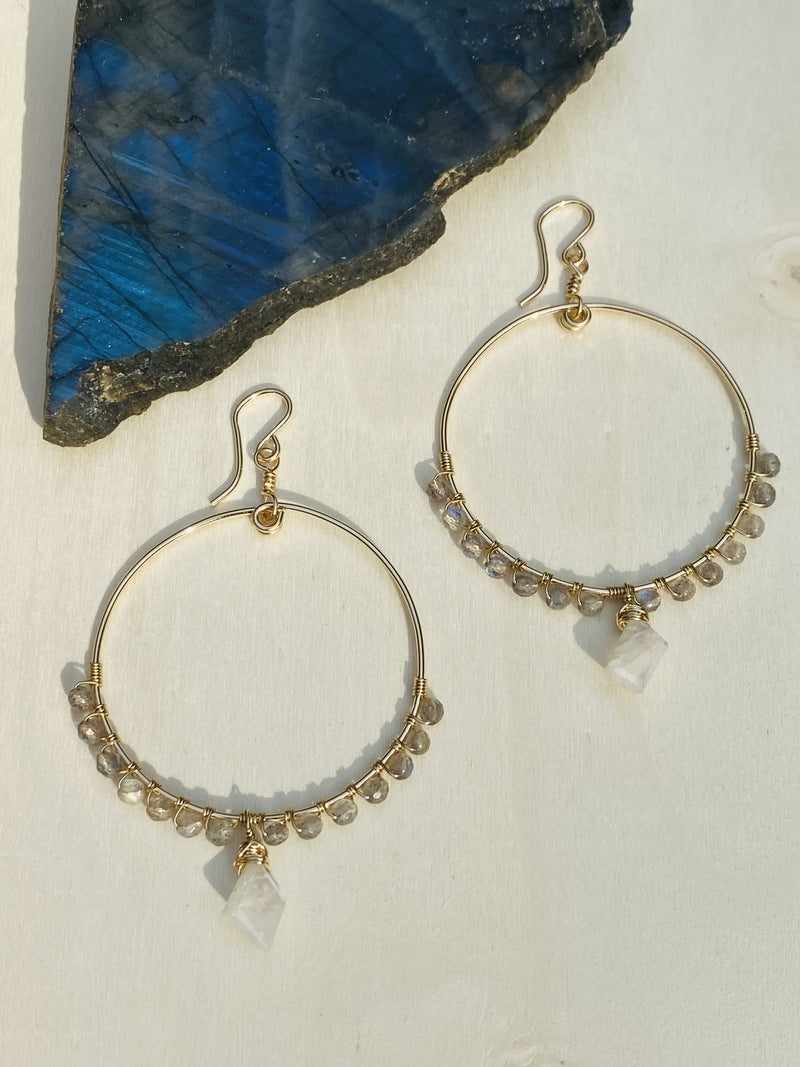 Handcrafted Hoops with Labradorite and Asymmetrical Moonstone drops