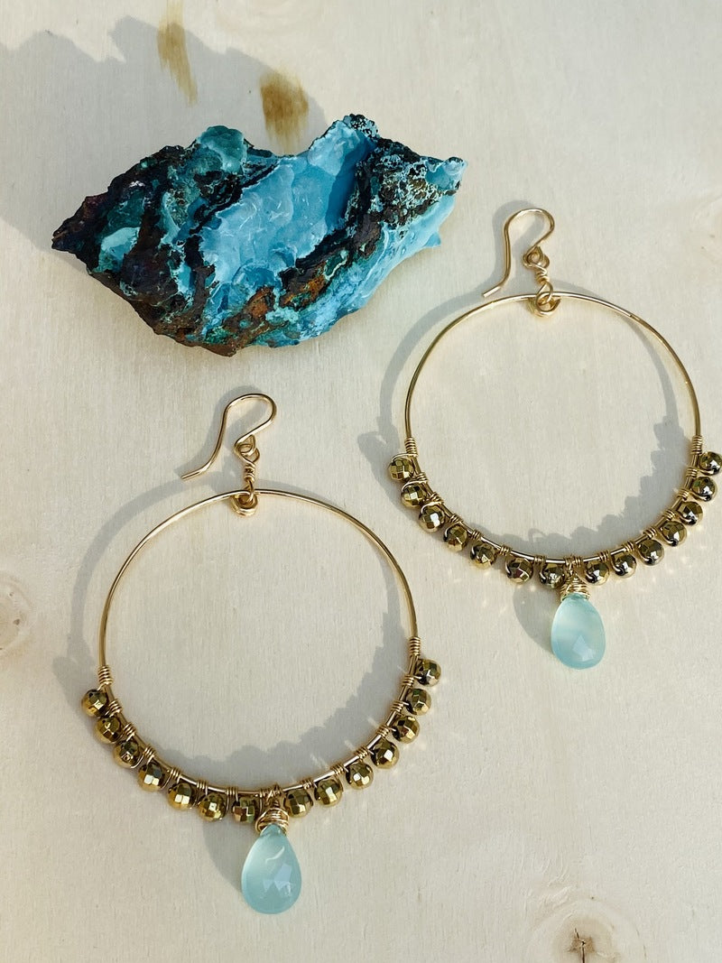 Large Hoop Earrings Chalcedony and Pyrite