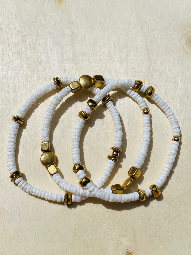White Clam Heishi Shell elastic bracelet - TRIO