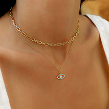 Load image into Gallery viewer, Evil Eye of cubic zirconia with tiny Aquamarine Necklace
