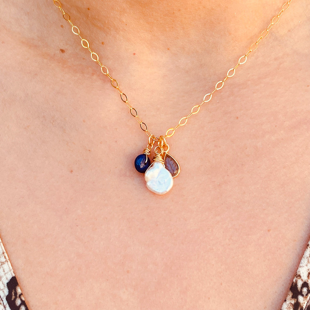 Ocean Waves Pearl and Lapis Trio Necklace