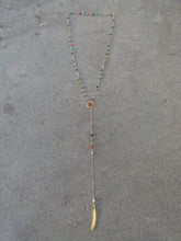 Load image into Gallery viewer, Multi-Color Rosary chain and vermeil leaf Lariat Necklace
