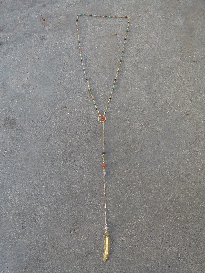 Multi-Color Rosary chain and vermeil leaf Lariat Necklace