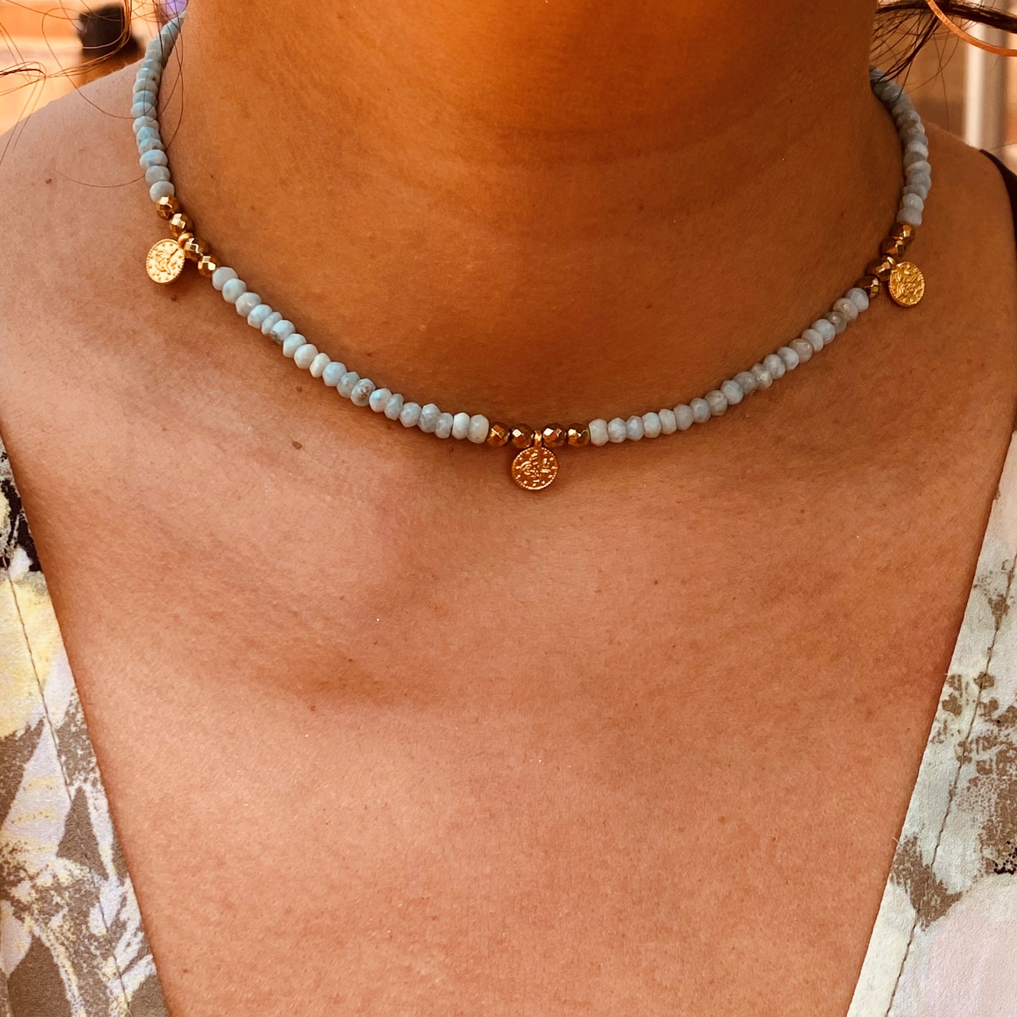 Faceted Larimar And store Leather Choker Necklace, Brown Lariat Necklace, Caribbean Larimar, Minimalist, Boho