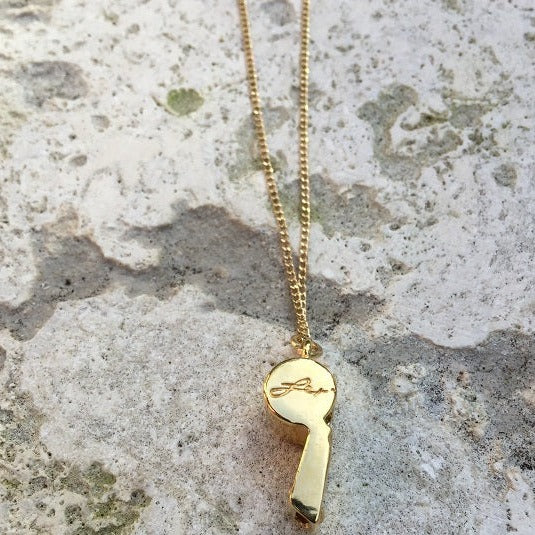 .Handcrafted 14kt Gold platted Brass Whistle Necklace