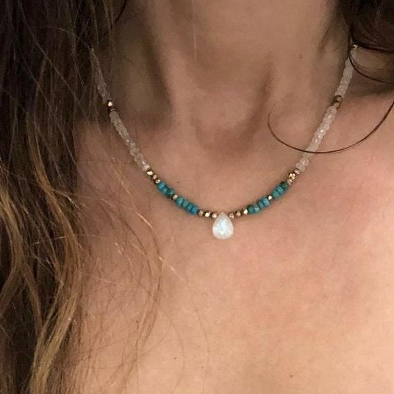 Moonstone, Golden Pyrite & Turquoise Necklace