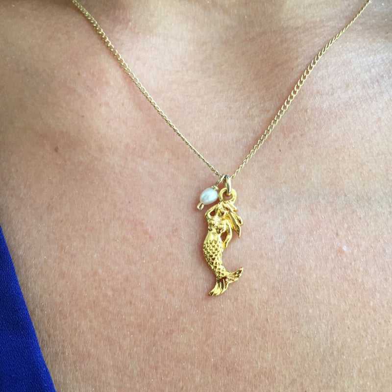 Mermaid charm & Tiny Pearl Necklace