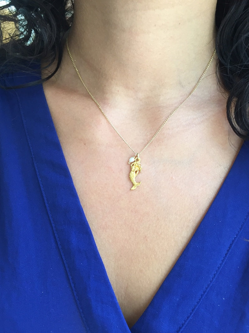 Mermaid charm & Tiny Pearl Necklace