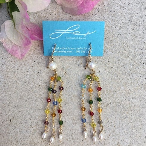 Multi color cubic zirconia rosary chain Tassel earrings with pearl