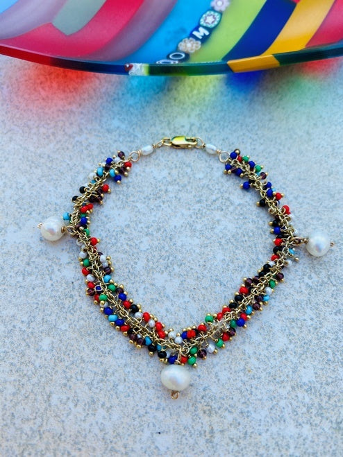 Tiny Multi-colored Rosary chain Bracelet w/Pearls