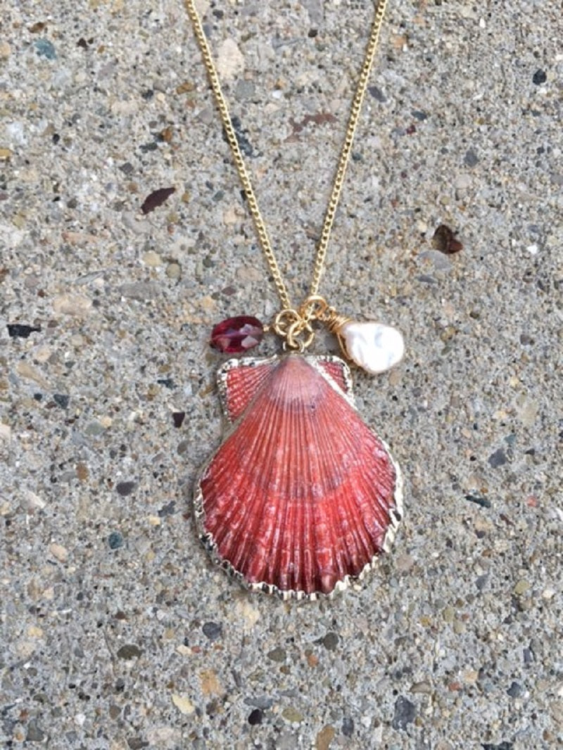 Red Scallop Shell Necklace, Pearl & natural stones
