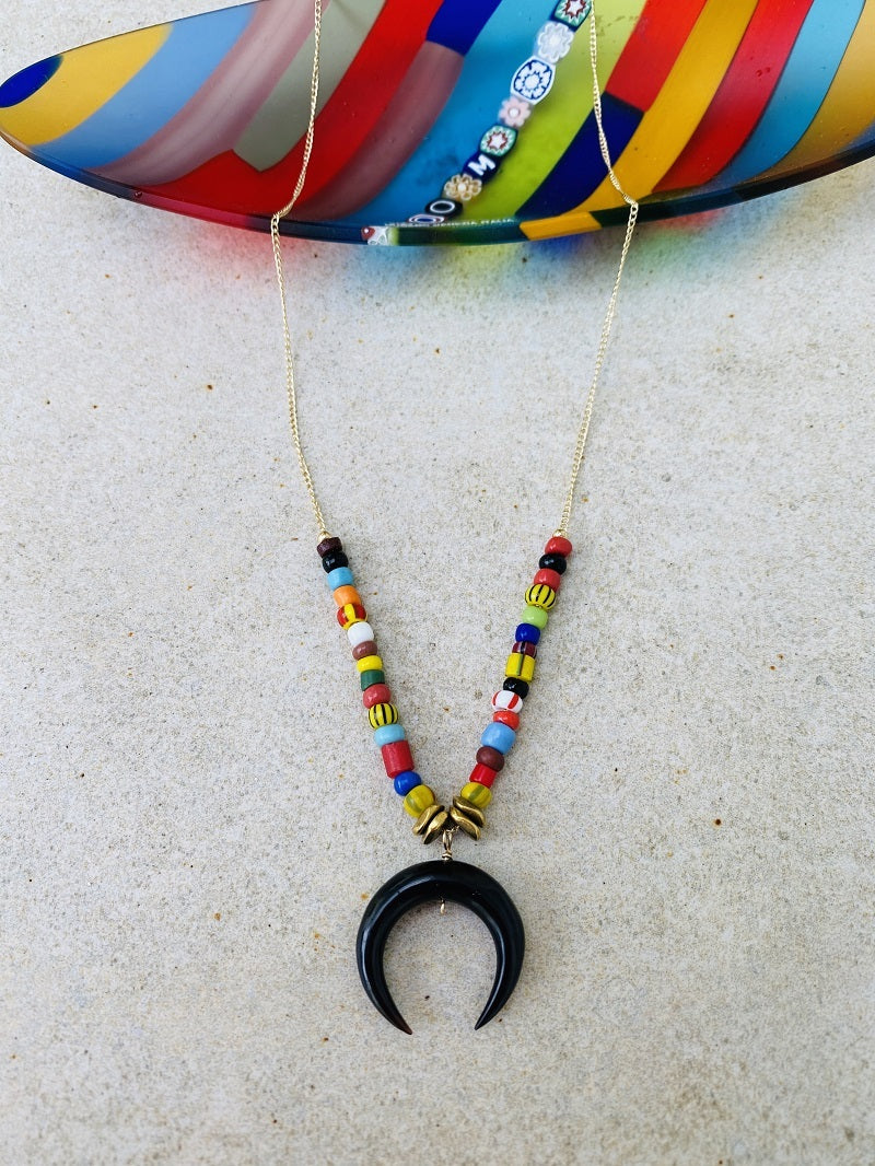 Unisex Black Crescent Moon & Love Beads Necklace