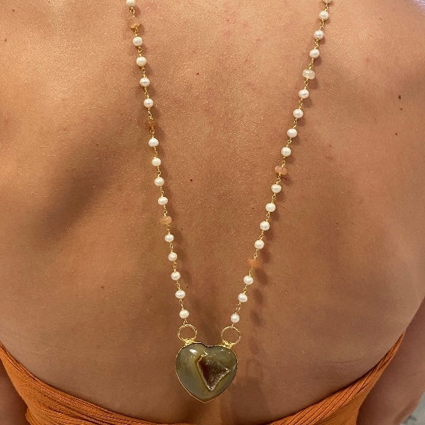 Stunning Druzy Heart & Rainbow Moonstone & Pearl Rosary chain