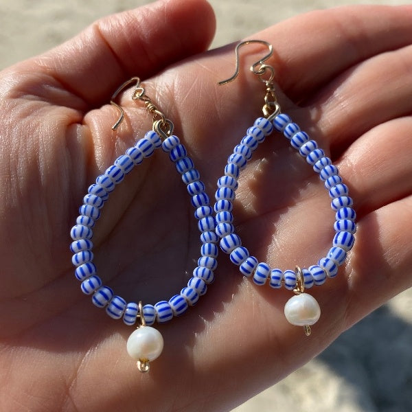 Pear Shaped Hoops Blue/White Glass Beads and Pearl