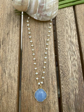 Load image into Gallery viewer, Blue Lace Agate Clover and Rosary Pearl Necklace
