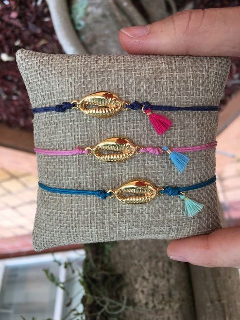 .Gold Cowry adjustable silk cord Bracelet w/colored tassel