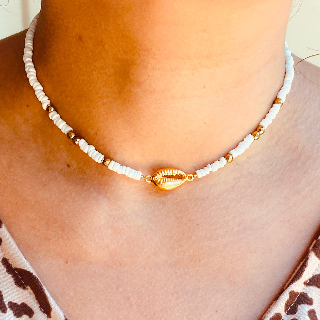 Waves of White Golden Cowry and Shell Choker