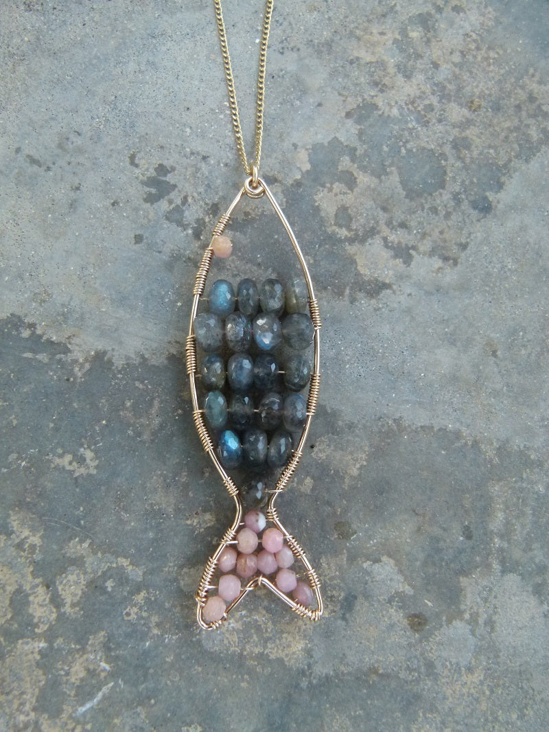 Handmade Mosaic Fish Necklace - Labradorite/Pink Opal