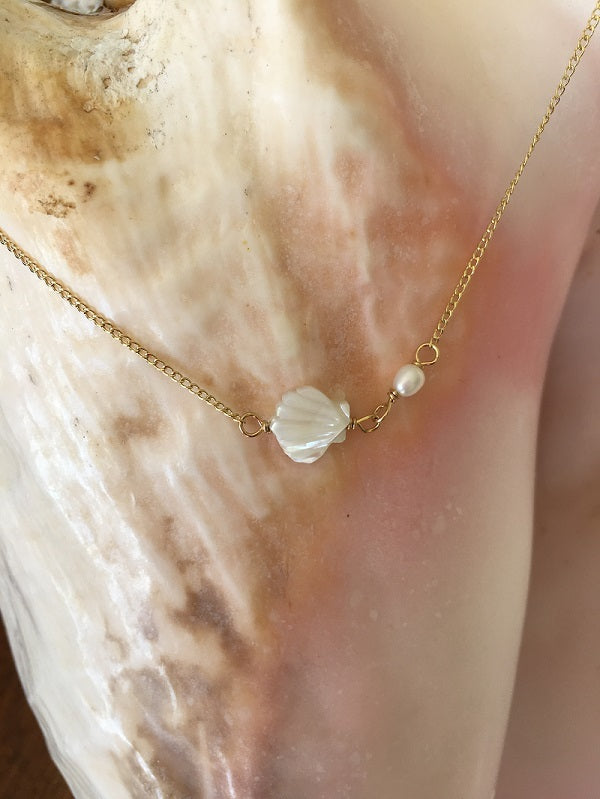 Mother of Pearl Scalloped Shell with Tiny Pearls Necklace