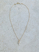 Load image into Gallery viewer, 14KT Gold Tiny White Pearls Cross Necklace
