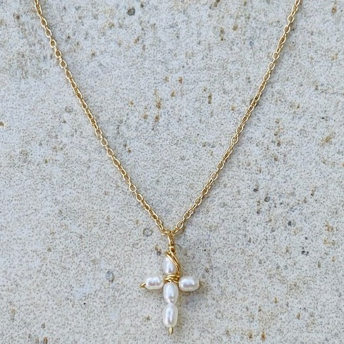 14KT Gold Tiny White Pearls Cross Necklace